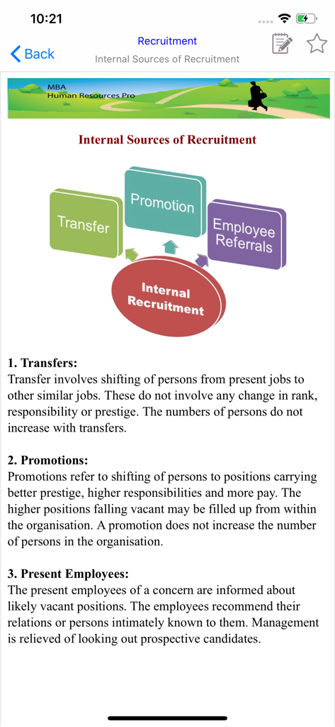 Slide educacional do aplicativo MBA Gestão de Recursos Humanos explicando métodos de recrutamento interno como transferências e promoções.
