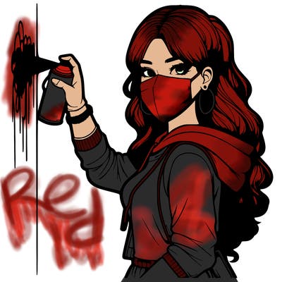 realistic girl with mask spray painting a wall