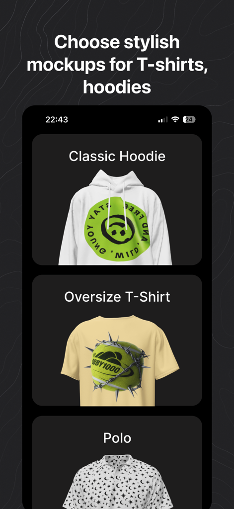 パーカーやTシャツなどのさまざまなモックアップオプションを示す衣類デザインツールのインターフェース