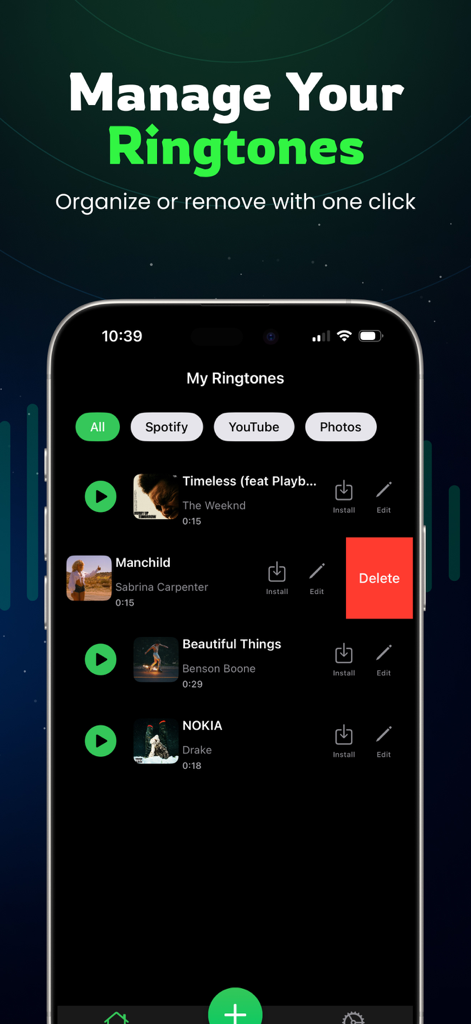 iRingtone: Spotify & YouTube - Interfaz para gestionar y organizar tonos de llamada personalizados de Spotify y YouTube