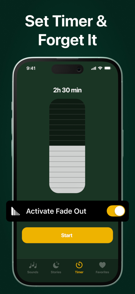 Captura de pantalla de la aplicación Green Noise que muestra la interfaz del temporizador de sueño con una opción de atenuación y un botón de inicio.
