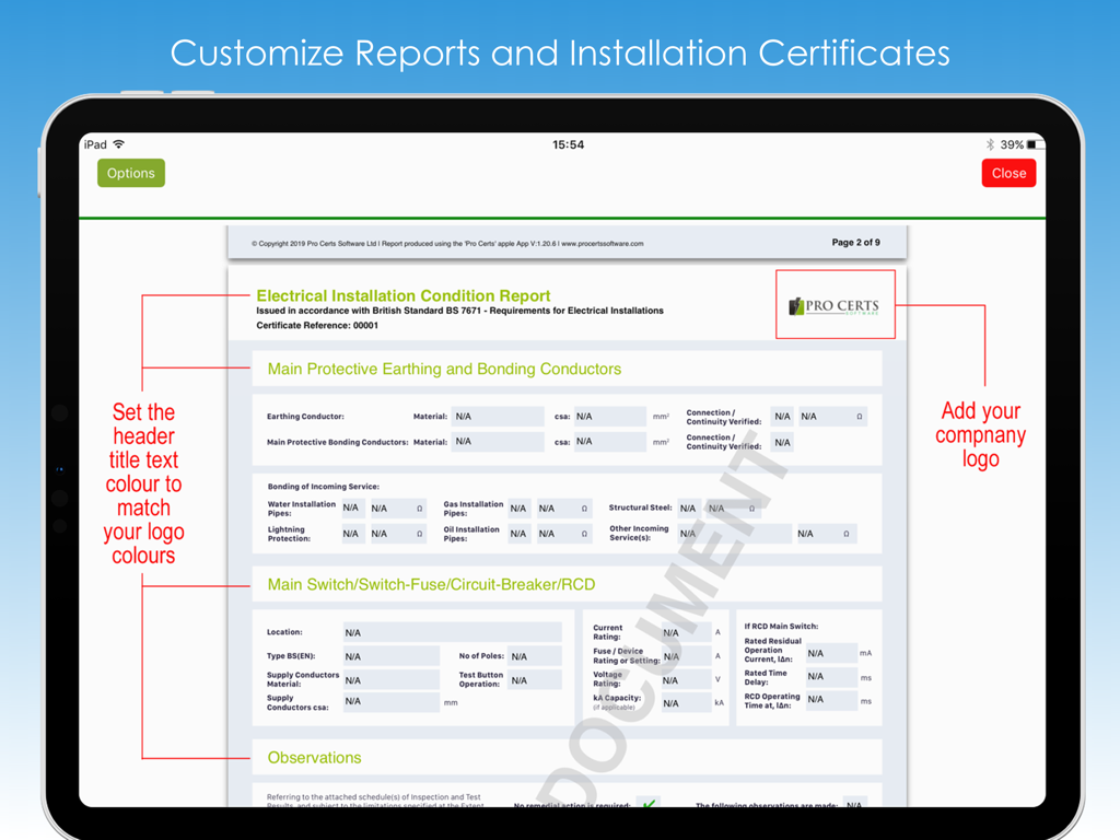 Pro Certs - Interface of the Pro Certs iPad app showing customization options for electrical installation condition reports, including adding a company logo and changing header colors.