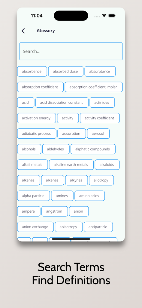 Periodic Table: 2025 Chemistry - Chemistry glossary interface with search functionality for scientific terms