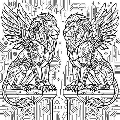 Unleash your creativity with this epic coloring page featuring majestic Lion Gargoyles reimagined in a striking cyberpunk aesthetic. Discover intricate robotic details and high-tech circuitry waiting for your vibrant touch.