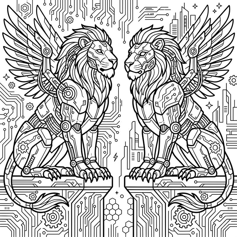 Unleash your creativity with this epic coloring page featuring majestic Lion Gargoyles reimagined in a striking cyberpunk aesthetic. Discover intricate robotic details and high-tech circuitry waiting for your vibrant touch.