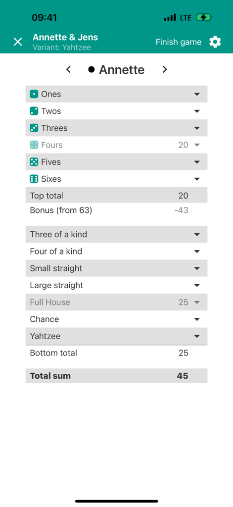 Digital scorecard for Yahtzee showing categories and player scores on a mobile screen