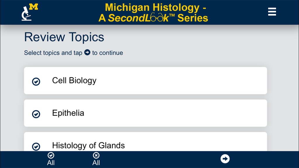 Histology Complete -SecondLook - The review topics selection screen in the Histology Complete SecondLook app listing categories like Cell Biology and Epithelia.
