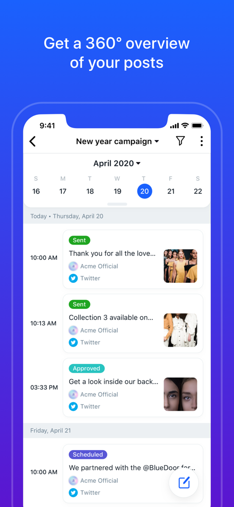 Sprinklr mobile app showing a 360-degree overview of social media posts and scheduling for a marketing campaign