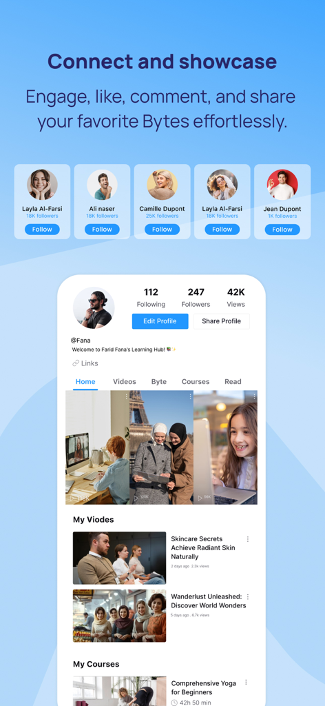 Reab: Safe Social & Supper App - User profile interface of the Reab app showcasing videos, courses, and community connections