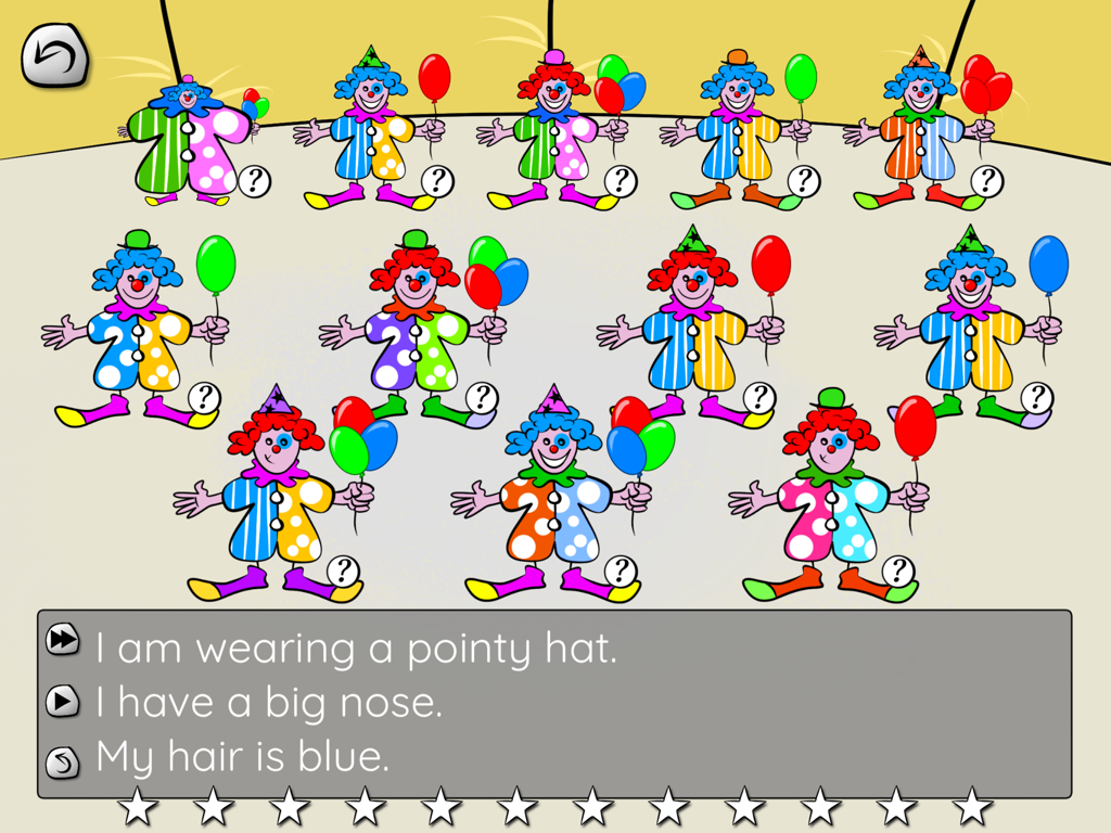 A children educational game screen showing various clowns and written clues for logic and reading practice