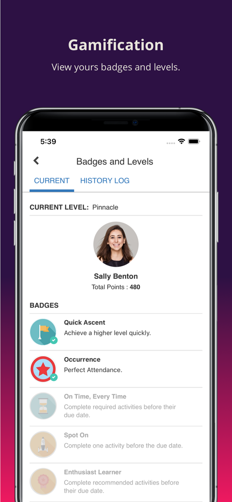 SumTotal Mobile app screen showing employee gamification with badges and levels for training progress