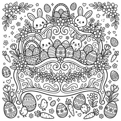 Transform a charming headboard into an Easter wonderland with this delightful coloring page. Featuring playful bunnies, decorated eggs, and fresh spring blossoms, it's perfect for celebrating the season.