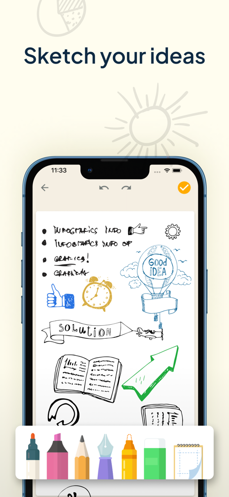 My Notes - Notebook, Notepad - 下部にデジタル描画ツールバーがあり、「My Notes」アプリで手描きのスケッチや図を表示するiPhone画面