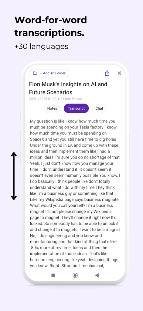 Instant AI Notes & Transcript - Instant AI Notes app displaying a word-for-word transcript of a recorded conversation in one of over thirty languages.