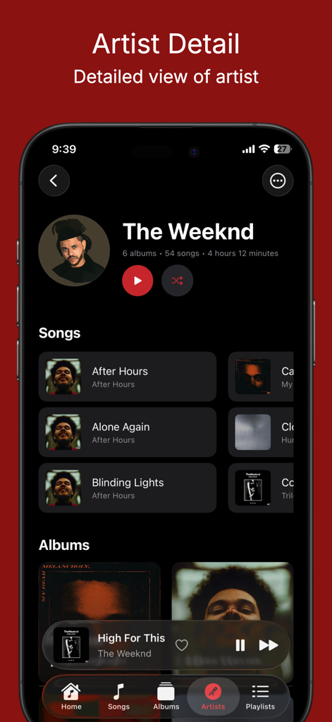 Melosik - local Music player - Melosik music player artist detail view featuring The Weeknd