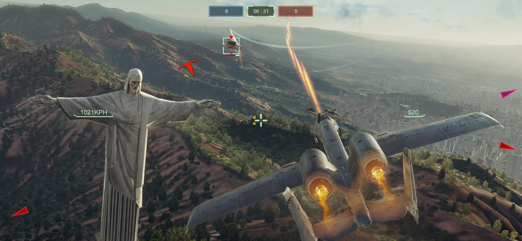 Sky Gamblers - Air Supremacy 2 - A jet fighter engaging in air combat over Rio de Janeiro next to the Christ the Redeemer statue.