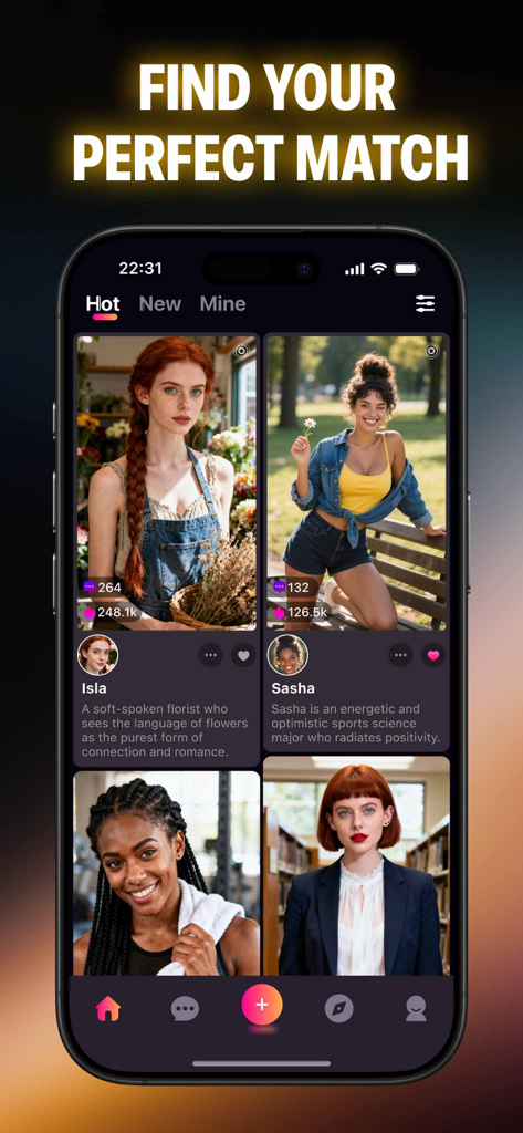 Roleplay Chat AI, Fantasy: Cha - Mobile app screen showing a selection of AI characters for roleplay with the text Find Your Perfect Match