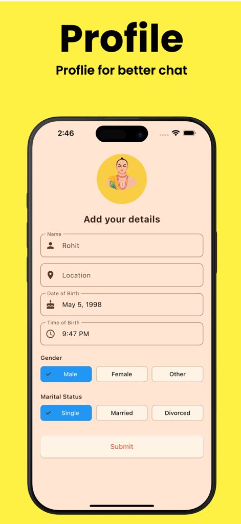 Astro Talk AI - Astro Talk AI mobile app profile screen showing a form to enter name location birth date and gender for personalized astrology readings