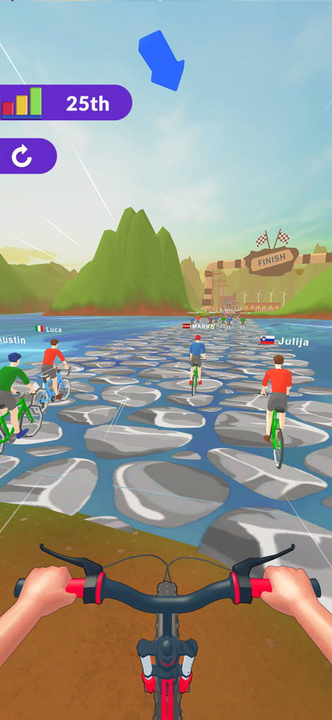 BMX Bike Rider - Bicycle Games - 물 위에 놓인 돌길에서 다른 플레이어들과 함께하는 BMX 바이크 경주의 1인칭 시점