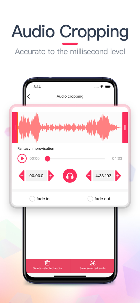 Audio Editor and Music Mixer interface showing precise audio cropping with waveform