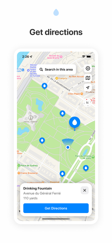 Fountain Finder - Map view of Fountain Finder showing water fountains in Paris with a get directions option
