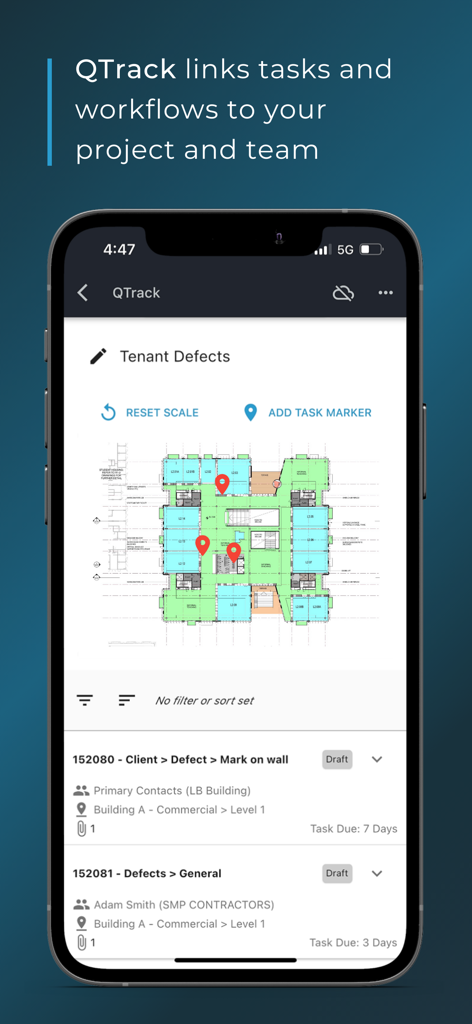 Simpel - Simpel app QTrack interface showing construction defect markers on a digital floor plan.