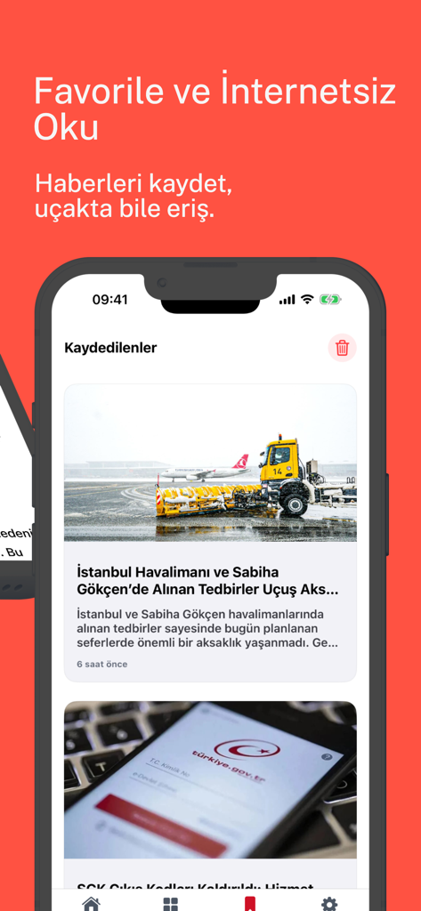 HavaSosyalMedya - Tela do aplicativo HavaSosyalMedya mostrando artigos de notícias de aviação salvos disponíveis para leitura offline.