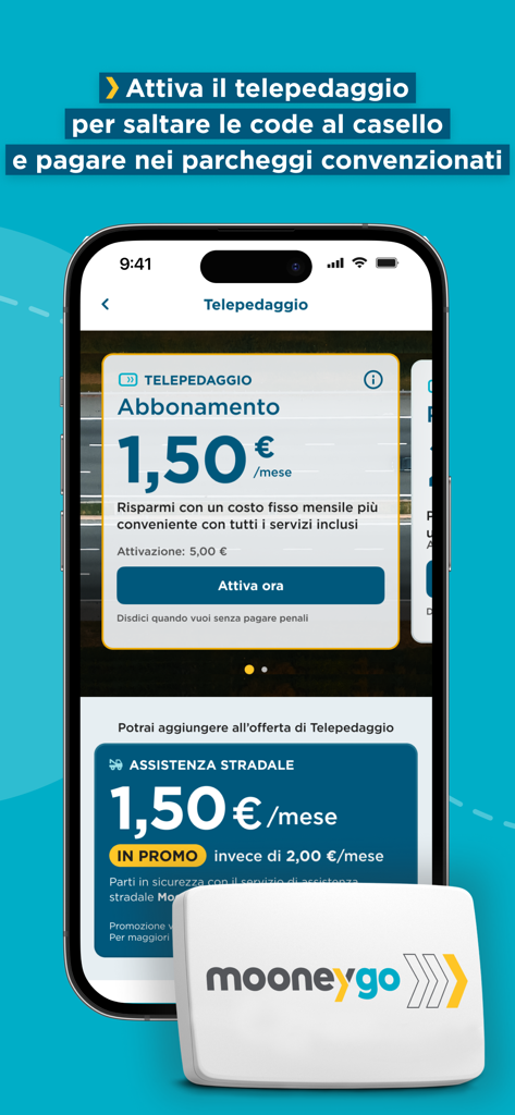 MooneyGo app interface showing electronic tolling subscription and roadside assistance features