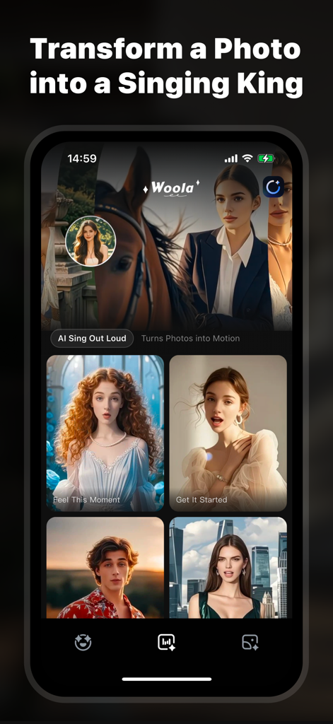 Woola-AI photo intelligent - Woola AI app interface showing templates to transform photos into singing videos
