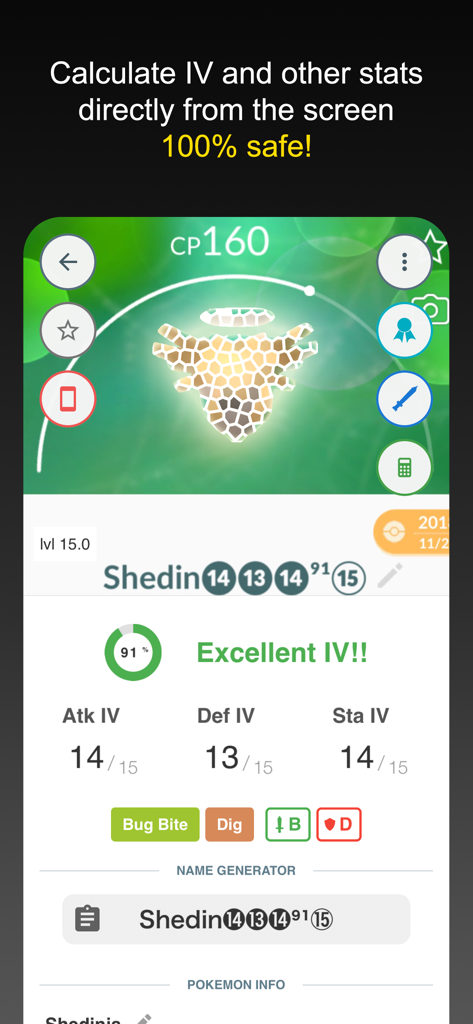Interface da aplicação Poke Genie exibindo estatísticas detalhadas de IV de Pokémon e uma classificação de noventa e um por cento