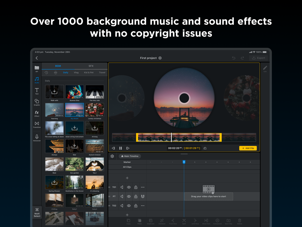 WEILO - My Last Video Editor - WEILO iPad app interface showcasing a library of over 1000 royalty-free background music and sound effects tracks.