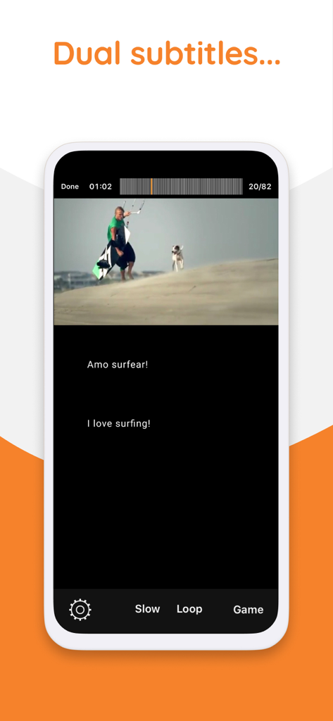 Yabla English - Un smartphone que muestra el reproductor de video de la aplicación Yabla English con subtítulos duales en español e inglés.