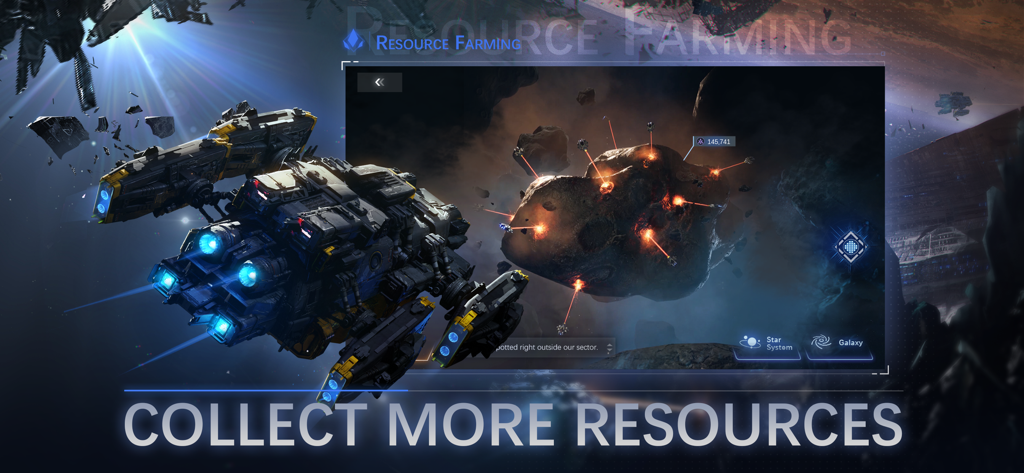 Una nave espacial detallada y un asteroide siendo minado en el espacio