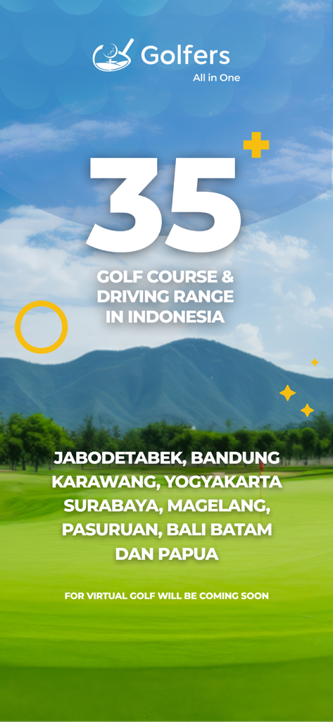 Marketing screen for Golfers app showing over thirty-five golf course and driving range locations across Indonesia