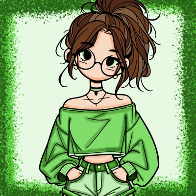 girl with a messy ponytail glasses a baggy crop top and jean shorts