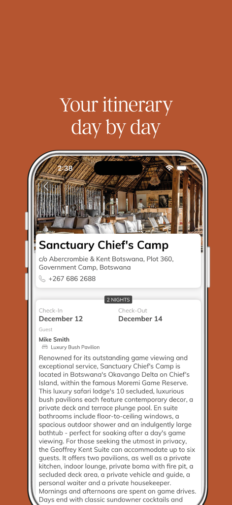 Abercrombie & Kent - Schermata dell'app Abercrombie and Kent che mostra un itinerario di lusso per un safari presso Sanctuary Chiefs Camp