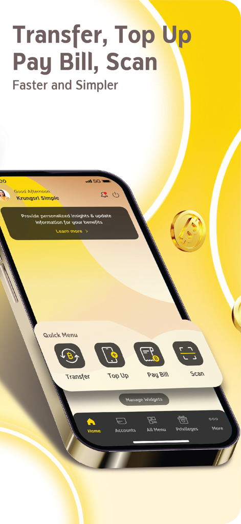 krungsri - Mobile interface of Krungsri KMA app highlighting quick access to banking services like transfers and bill payments