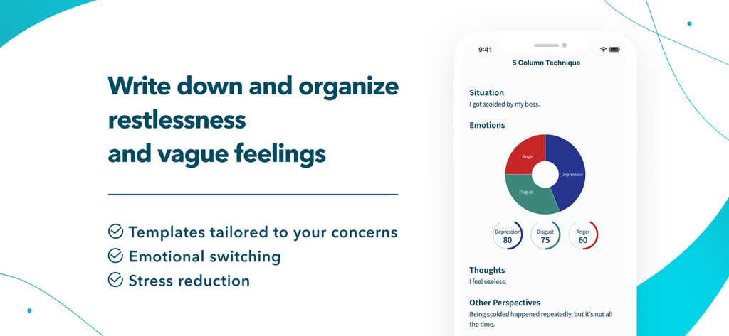 Awarefy:AIchatでメンタルヘルス＆ストレスケア - A screenshot of the Awarefy app showing the 5 Column Technique with a donut chart displaying emotions like anger and depression to help organize vague feelings.
