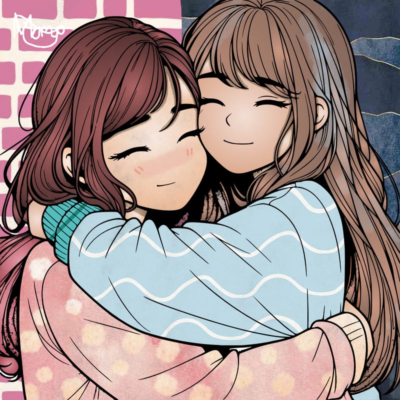realistic two girls hugging