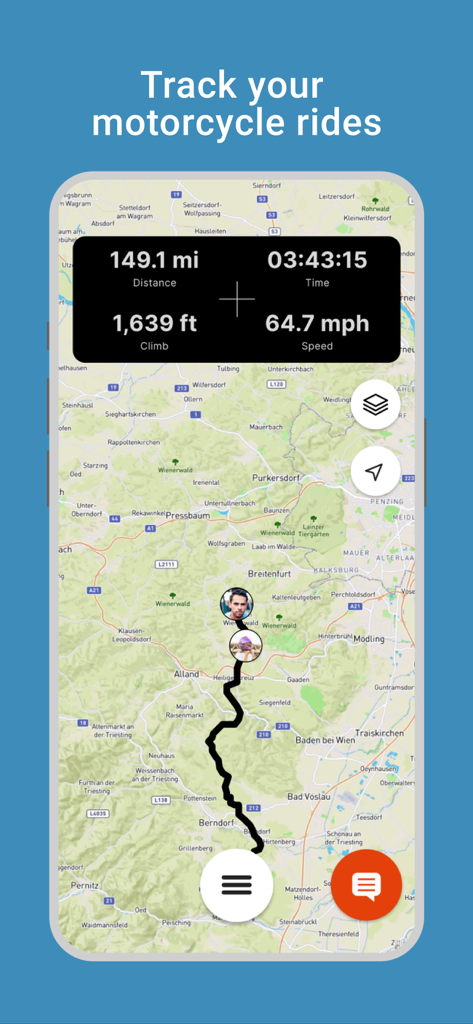 RISER - Motorcycle Routes - Interface of the RISER app showing a tracked motorcycle route with distance, time, and speed statistics