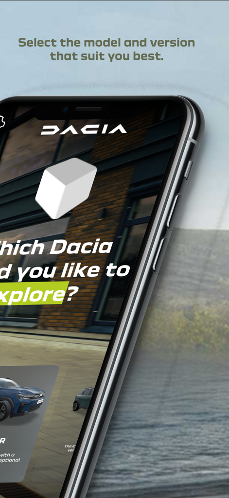 Dacia AR - Dacia AR 앱 모델 선택 인터페이스를 표시하는 스마트폰 화면