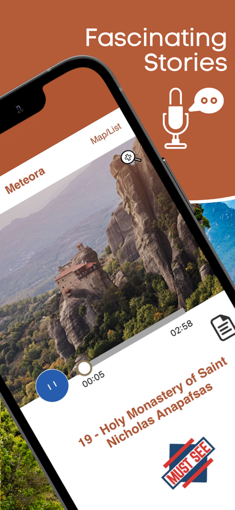 Meteora Monasteries Audio Tour - Smartphone screen showing an audio tour interface for the Holy Monastery of Saint Nicholas Anapafsas in Meteora Greece