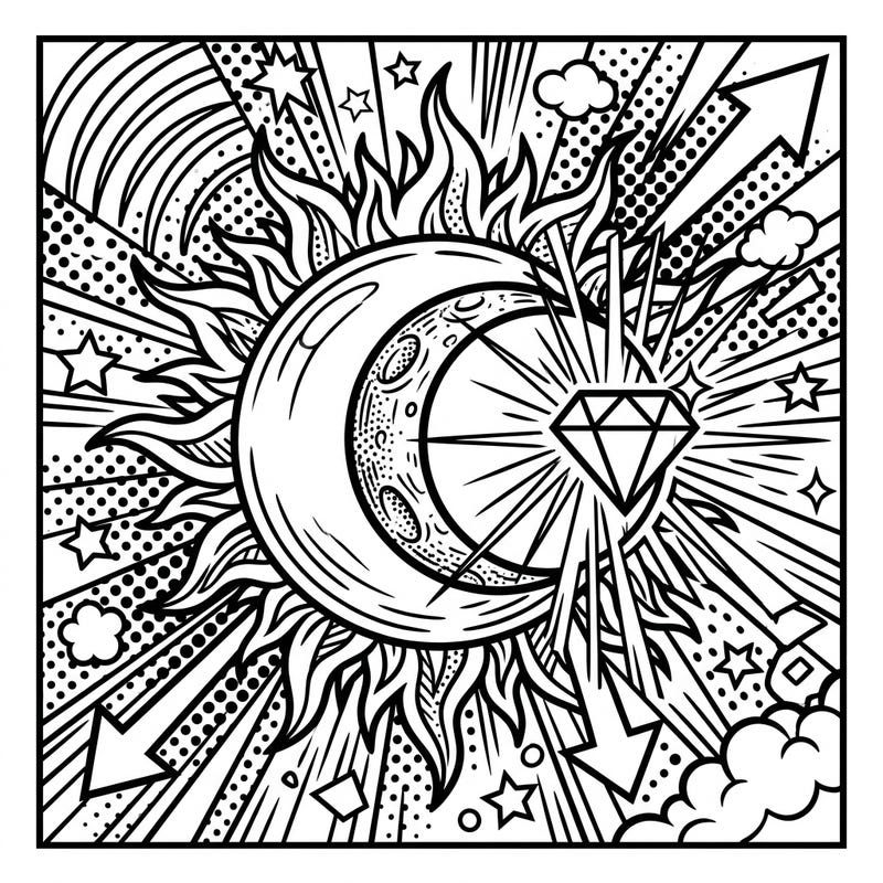 Dive into the spectacular cosmic event with this unique Solar Eclipse coloring page, presented in an electrifying Pop Art style. Filled with dynamic lines, celestial bodies, and classic comic elements, it promises an out-of-this-world coloring adventure.