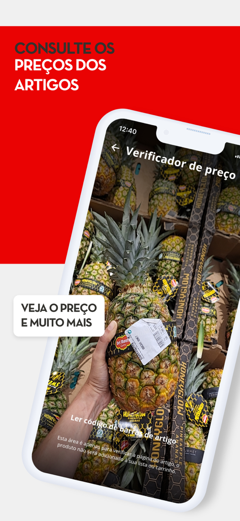 A person using the Continente Siga app to scan a pineapple barcode for price checking in a grocery store