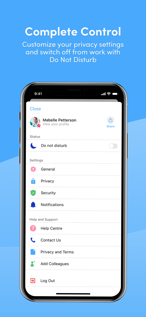 Celo app settings screen featuring a do not disturb toggle and professional profile control options for healthcare workers
