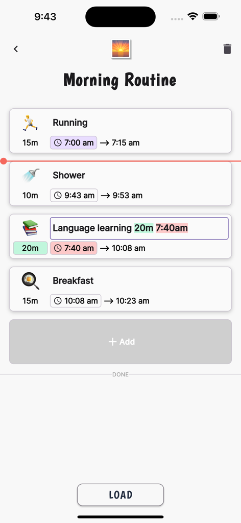 ChronoCat app interface showing a morning routine with scheduled tasks like running and shower using automatic time blocking