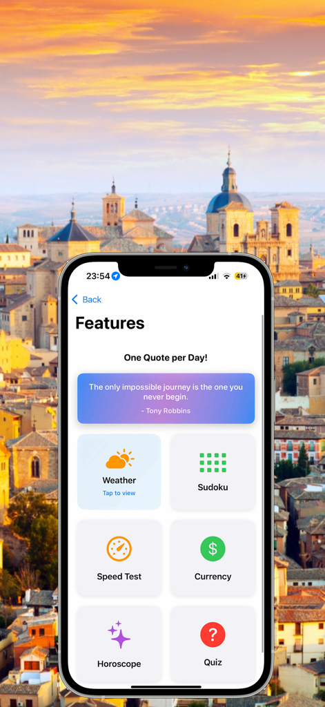 Radios Españolas en directo - Interfaz de la app Radios Españolas mostrando funciones de utilidad como citas diarias, el tiempo, sudoku y convertidor de divisas