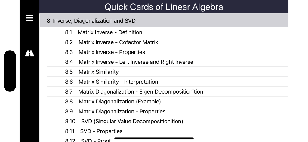 Linear Algebra QCard - Bildschirm mit Inhaltsverzeichnis in der Lineare Algebra QCard App, der Themen zu Matrizeninversen und SVD zeigt.