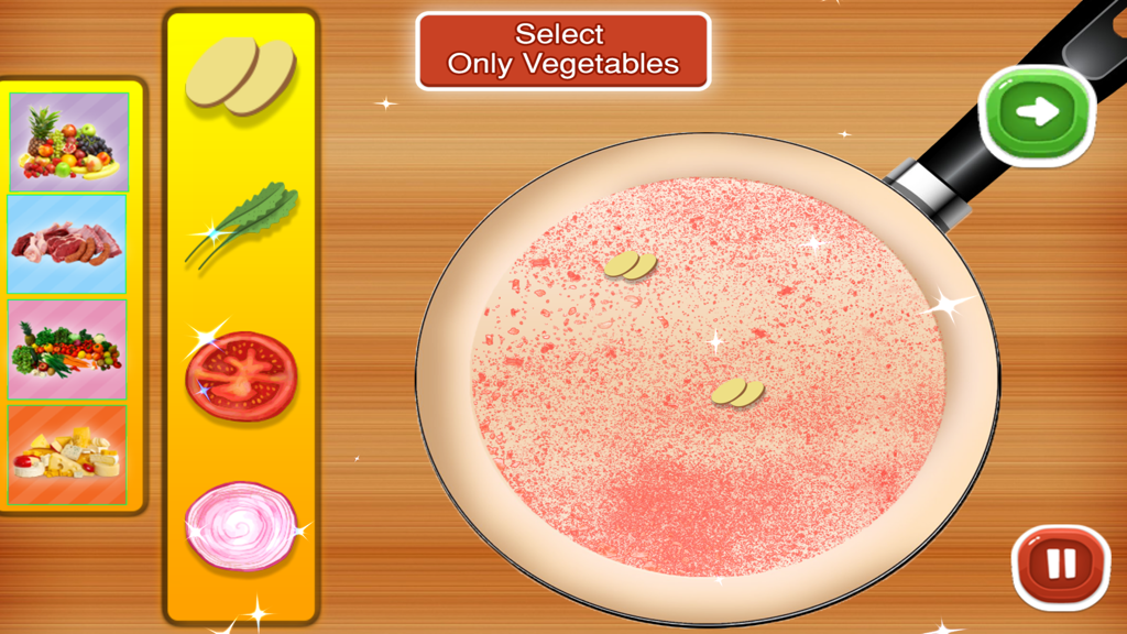 Pizza Making: Cooking game - Kids cooking game screen showing the selection of vegetable toppings for a pizza