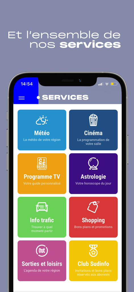 Oberfläche der Sudinfo-Nachrichten-App mit einem Menü von Diensten wie Wetter, Kino, TV-Programm und Verkehrsinformationen